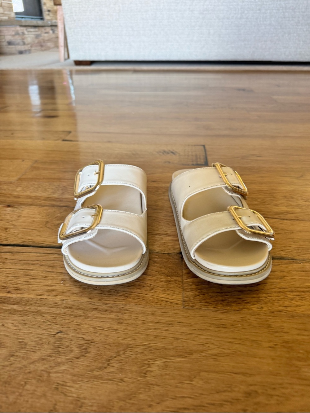Women’s Cream Slide Sandals with Gold Buckles